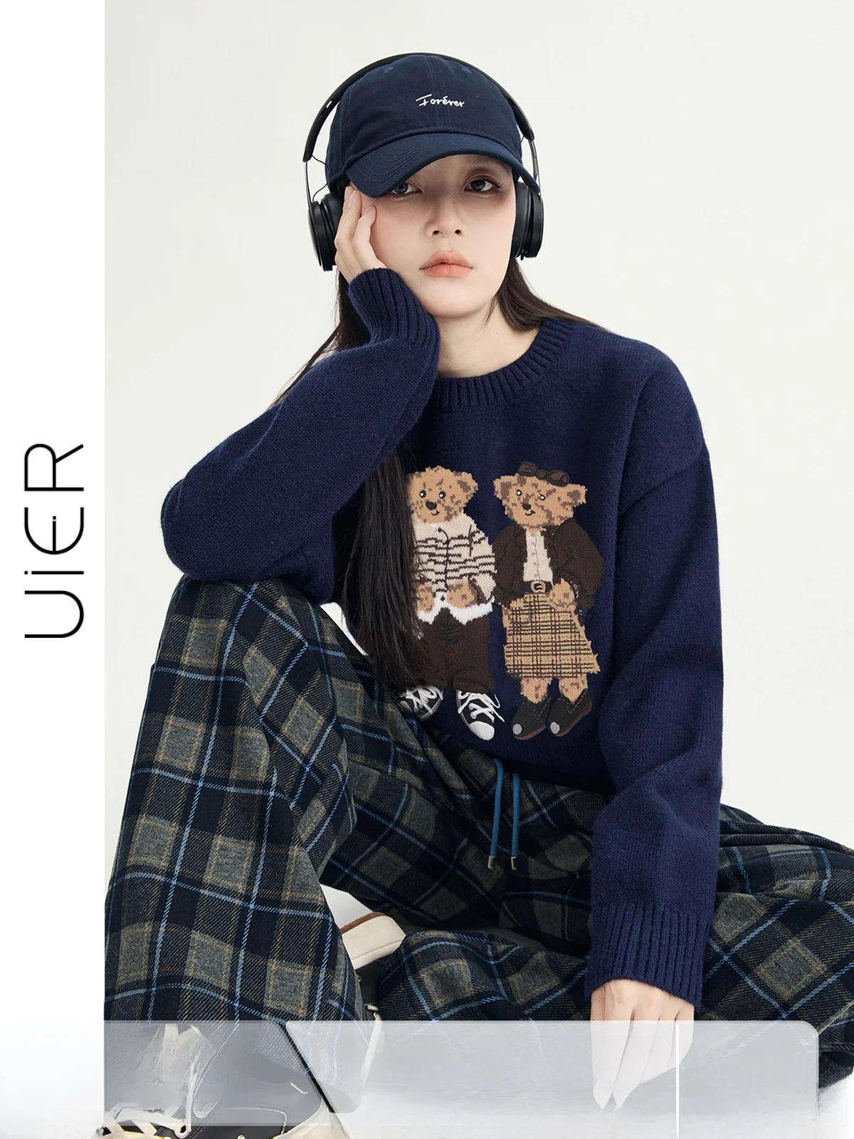 

Свободный крой круглый женский свитер с вышивкой Polar Fce Fun, дизайн с двумя медведями, весенне-осенний топ с мультяшной анимацией