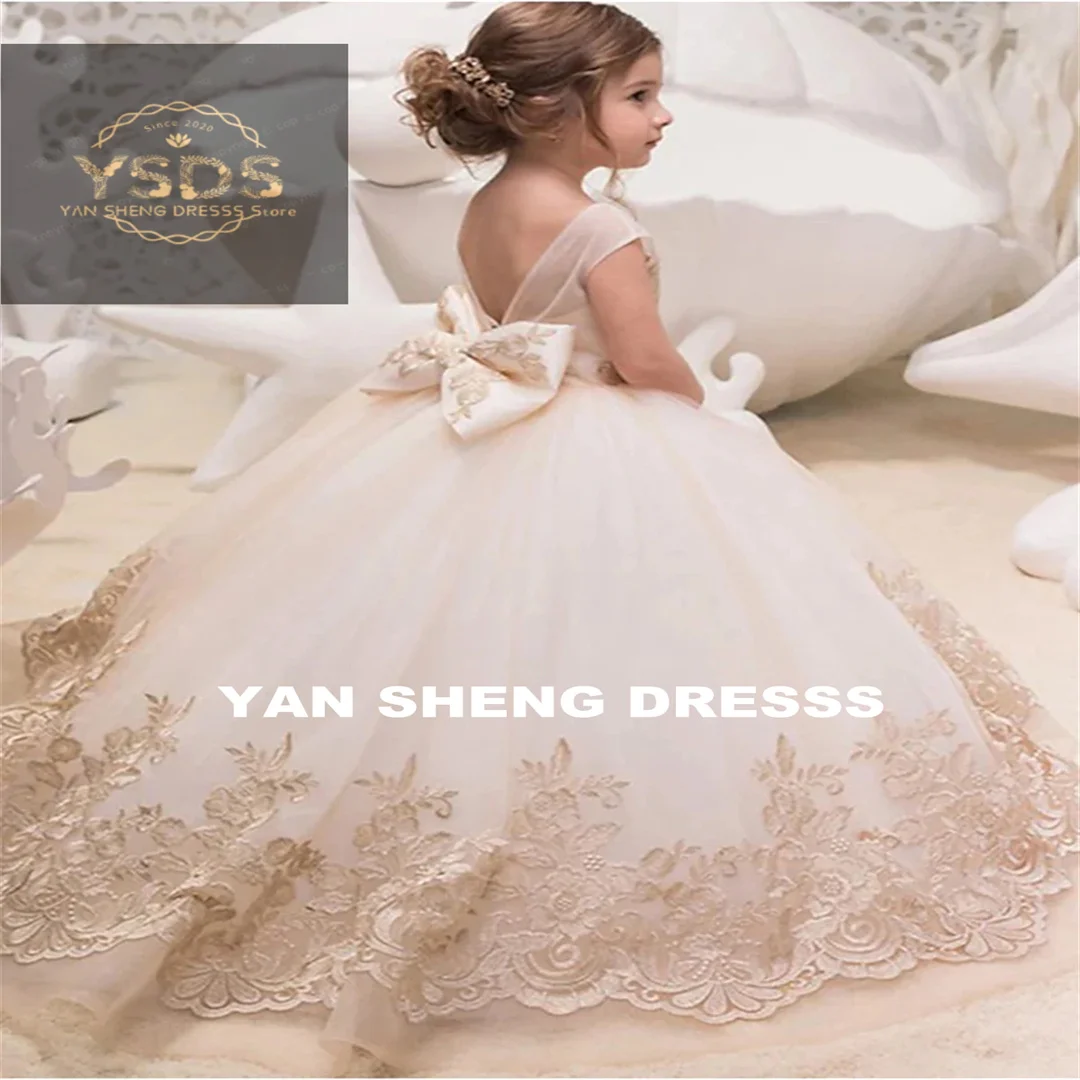 

Flower Girl Dresses Kids Birthday Sheer Neck Pleated Ruffles Tiered Tulle Ball Gowns for Wedding