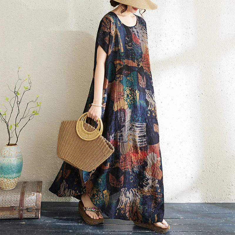 

Retro Style Long Loose Fit round Neck Printed Cotton Dress Summer New Arrival Elegant Artistic Large Size Asymmetrical Dress