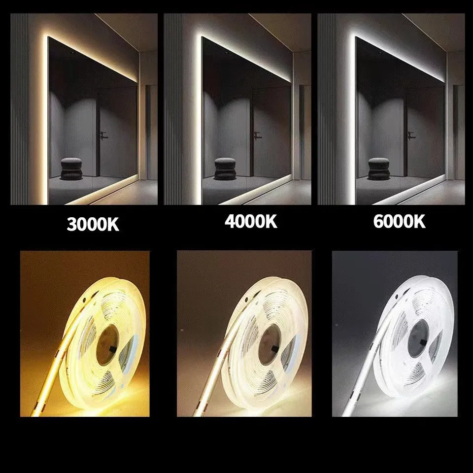 12V COB LED Strip Lights High Density Flexible Tape Ribbon White 6500K Warm White 3000K Nature White 4000K Ra90 1cm Cut 1led 5M