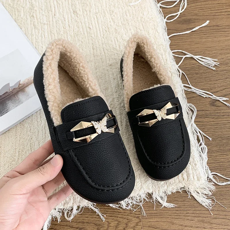 Winter Soft Fur Lining Moccasins for Women Leather Ladies House Warm Indoor Outdoor Anti Skid Loafers Slip On Flat Shoes