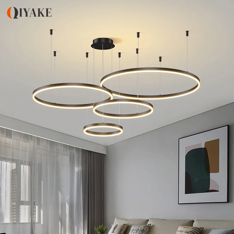 

Minimalist Modern Led Home Brushed Rings Ceig Mounted Chandelier Lighting Hanging Lamp Gold&Black Frame