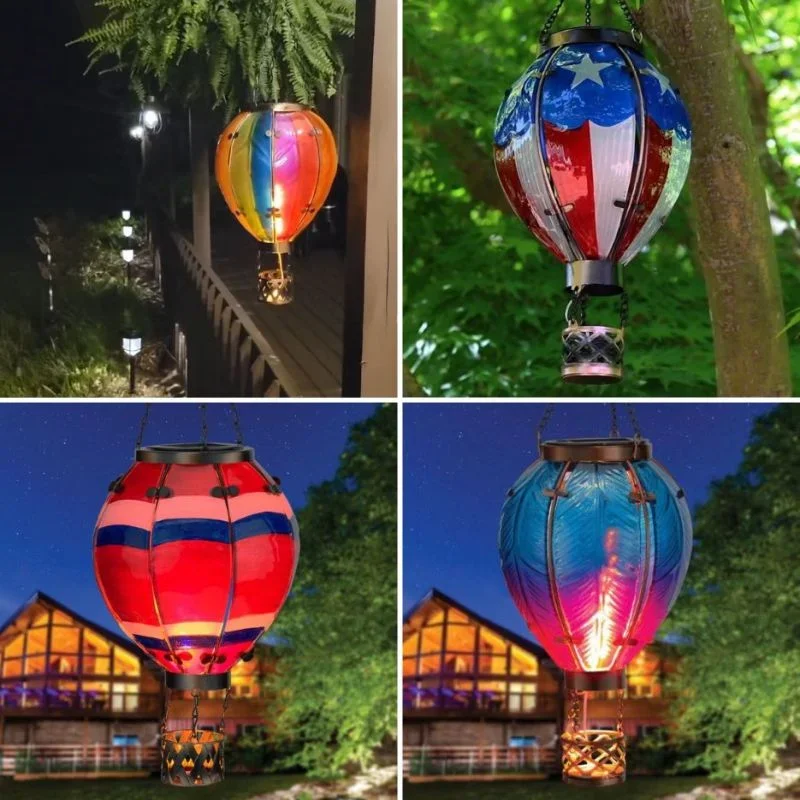 Hot Air Balloon Lantern Outdoor Coloured Metal Lights Solar Hot Air Balloon With Simulated Flame Effect Garden Decoration