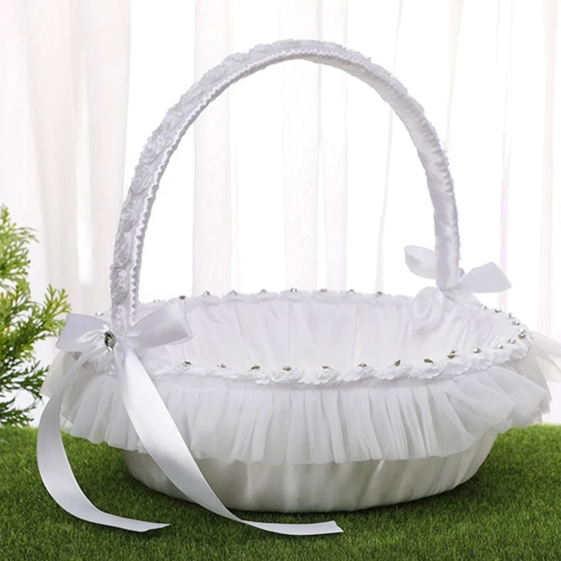 Flower Girl Baskets for Weddings Large Wedding Baskets for Flower Girls Simple Cute Royal Baskets With Lace Satin White image 3