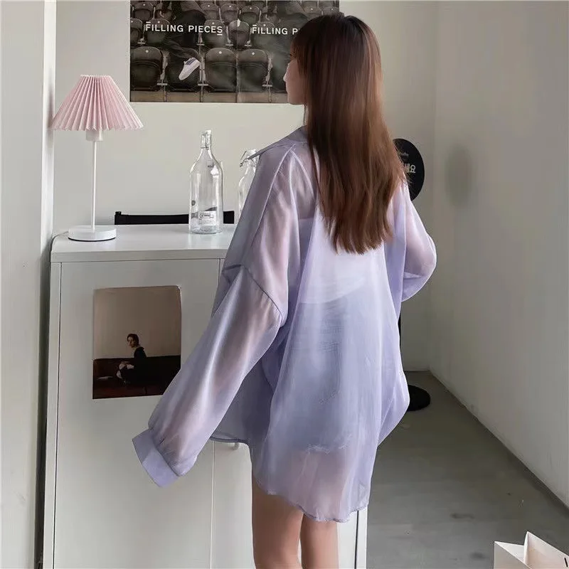 Summer Women Thin Shirts Loose Chiffon Long Sleeve Sun Protection Shirt Solid Korean Beach Tourism picnic chiffon shirt