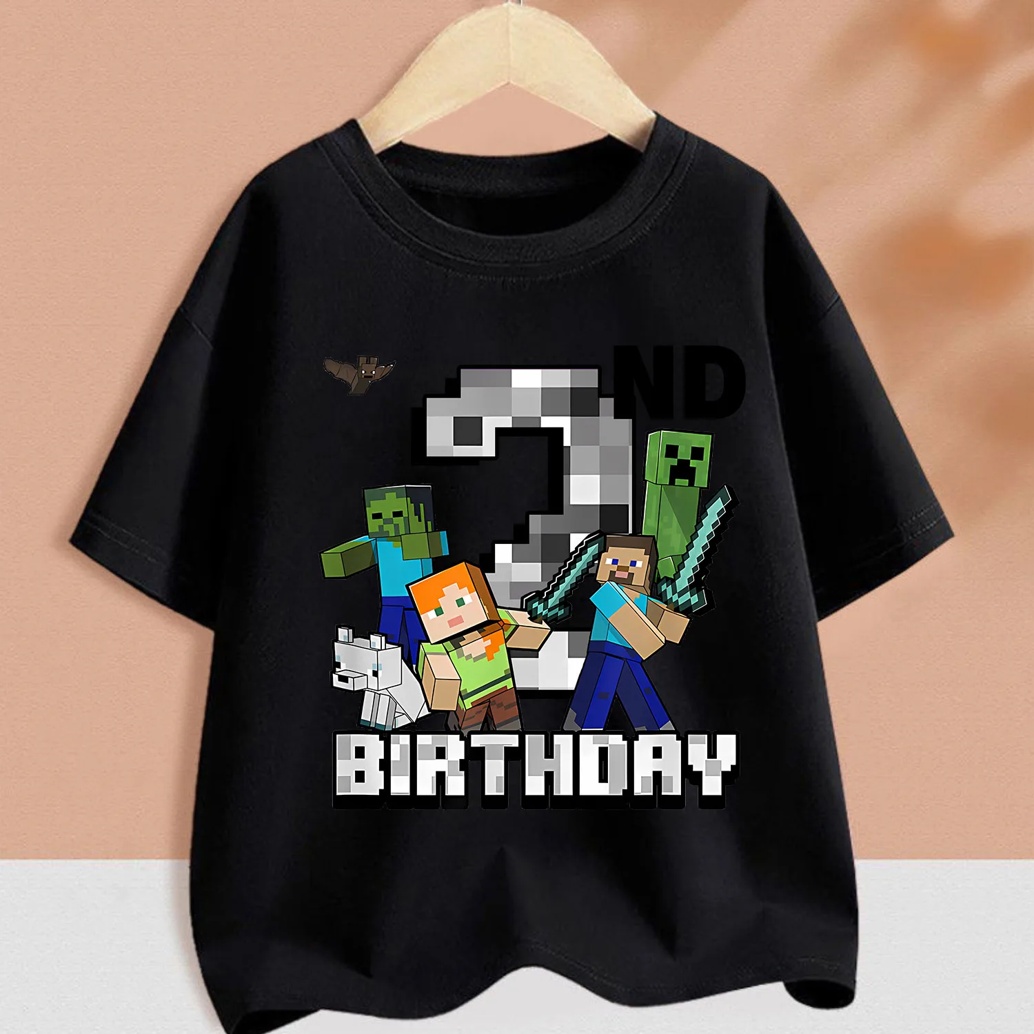 Pixel Game T-shirt nera per bambini Compleanno Figura Vestiti Cartoon Colletto tondo Abbigliamento Bambini Manica corta Estate Tee Top regalo
