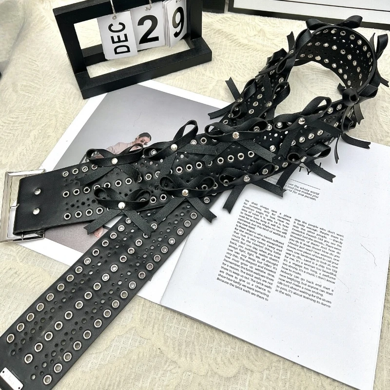 European-style Bow-Tied Waist Sash PU Material Stylish Wide Studded Belt Punk Goth Y2K Hot Girl Mini Skirt with Decorative Belt