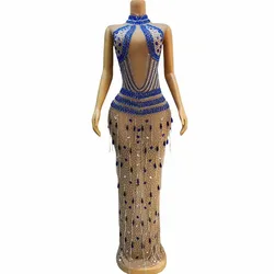Sexy Silver Blue Rhinestones Shining Crystals Chains Mesh Transparent Dress Fringes Outfit Birthday Party Gowns Collections
