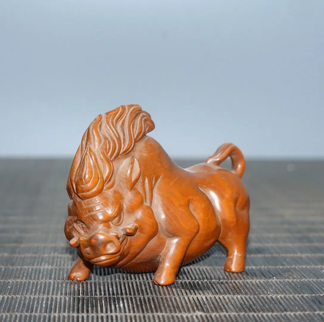 

3.5" Collect Chinese Box-Wood Carving Animal Wild Boar Statue Simulation Animal Model