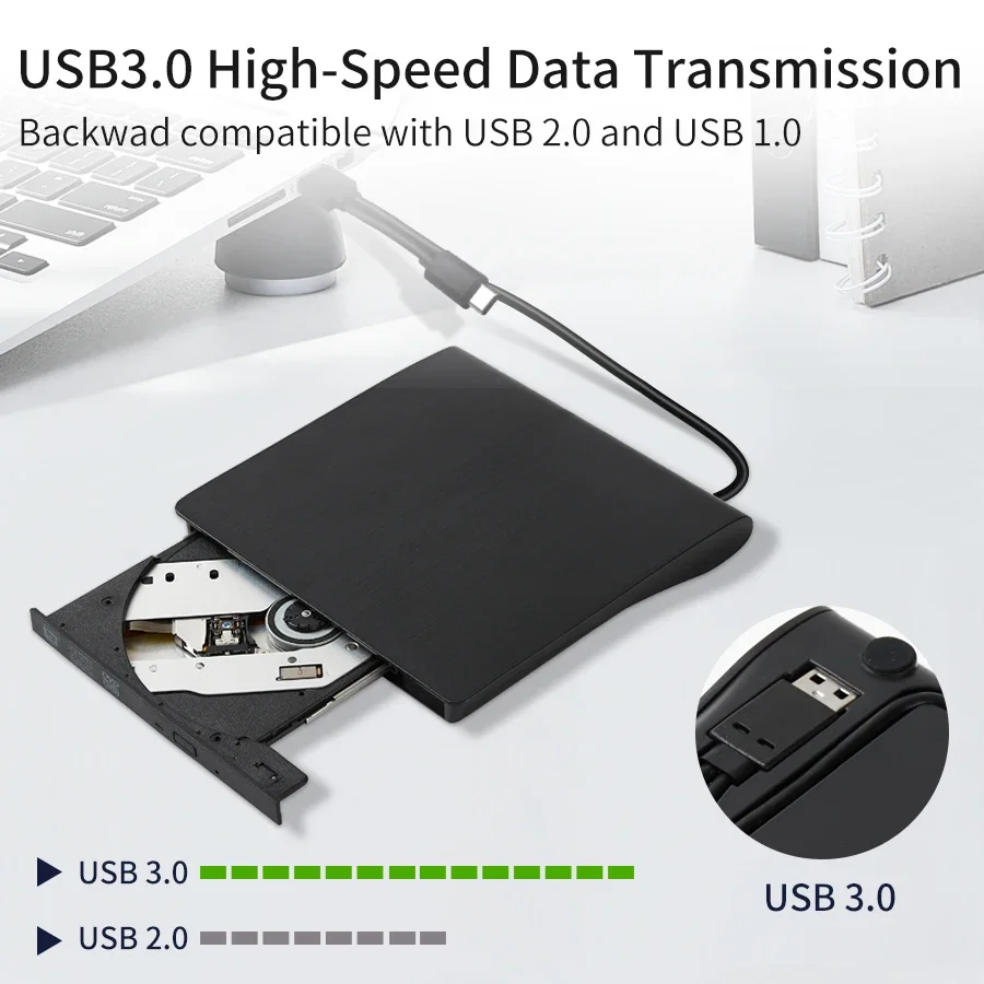 USB 3.0 Type-C DVD Burner 2-in-1 Slim External Recorder Portable CD-RW DVD-ROM Optical Drives Writer Reader Player For PC Laptop