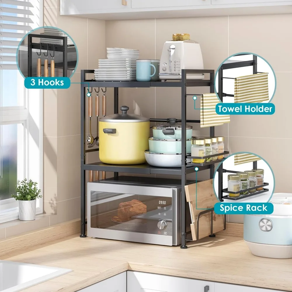 رف فرن ميكروويف قابل للتوسيع لتخزين سطح المطبخ، مادة فولاذية كربونية، مثالي لتنظيم أواني وأدوات المائدة #5