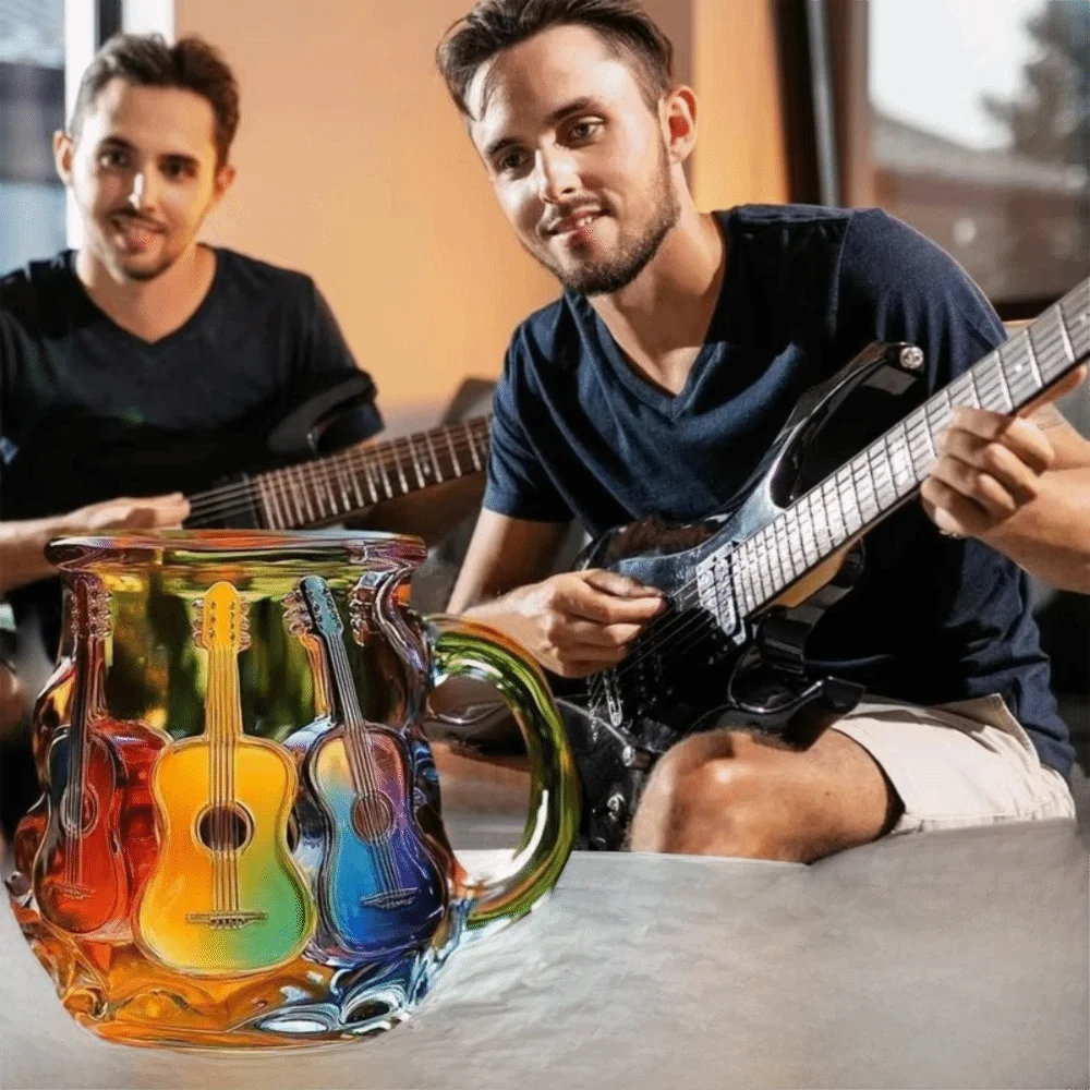 

Novelty 3D Painted Guitar Coffee Cup Cartoon Colorful Guitar Desk Ornaments Glass Guitar Art Cup Office