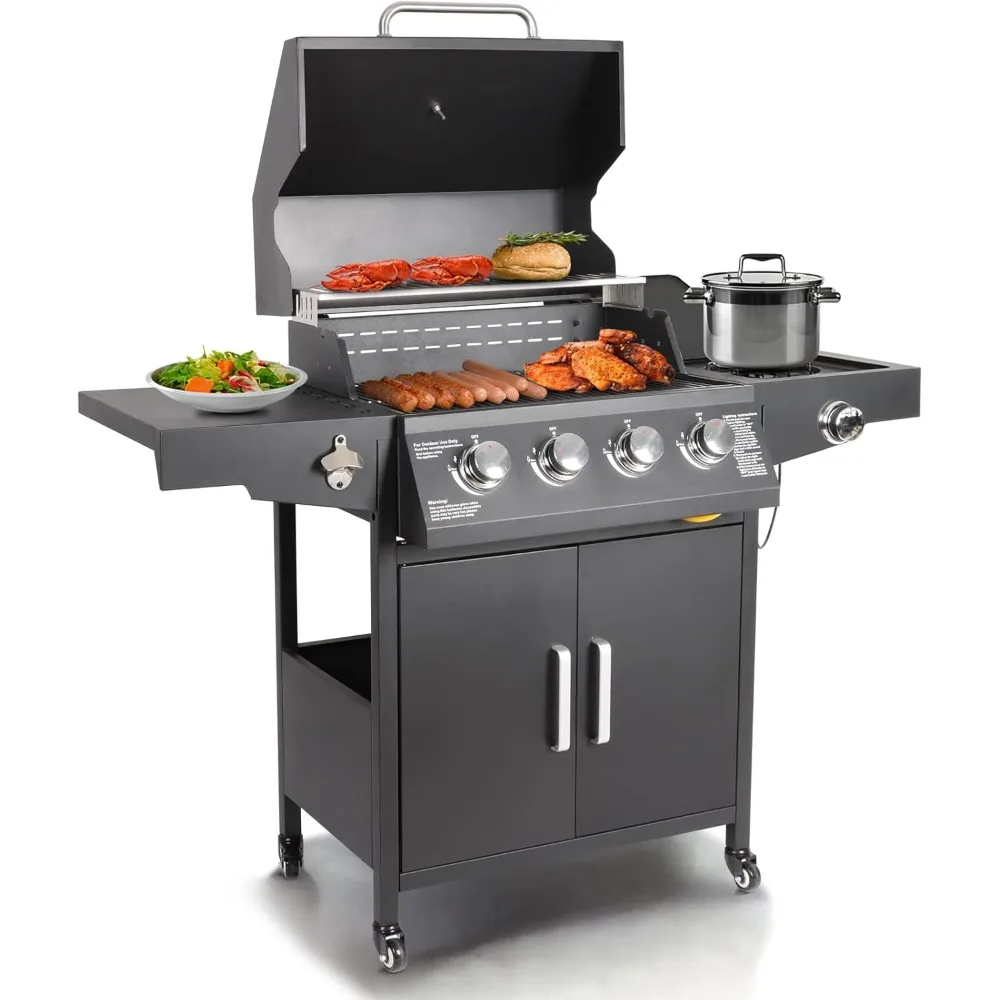 

Propane Gas Grill 4 Burners with Side Burner Freestanding Grill Cart with Wheels for Outdoor Garden Cooking Barbecue Grill,