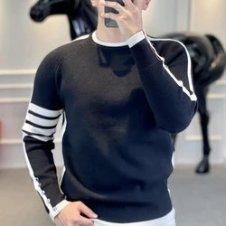 Striped Contrast Color Round Neck Autumn Winter Pullover Sweater Knitted Lantern Long Sleeve Men's Clothing Retro Stylish Tops