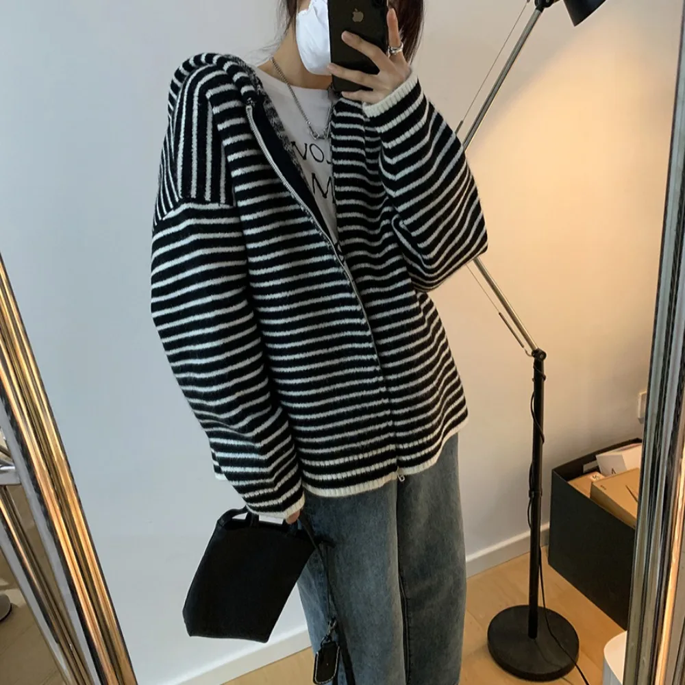 Women Hoodies Retro All-match Classical Striped Zipper Long Sleeve Spring Autumn Korean Style Knitted Loose Outwear Comfortable