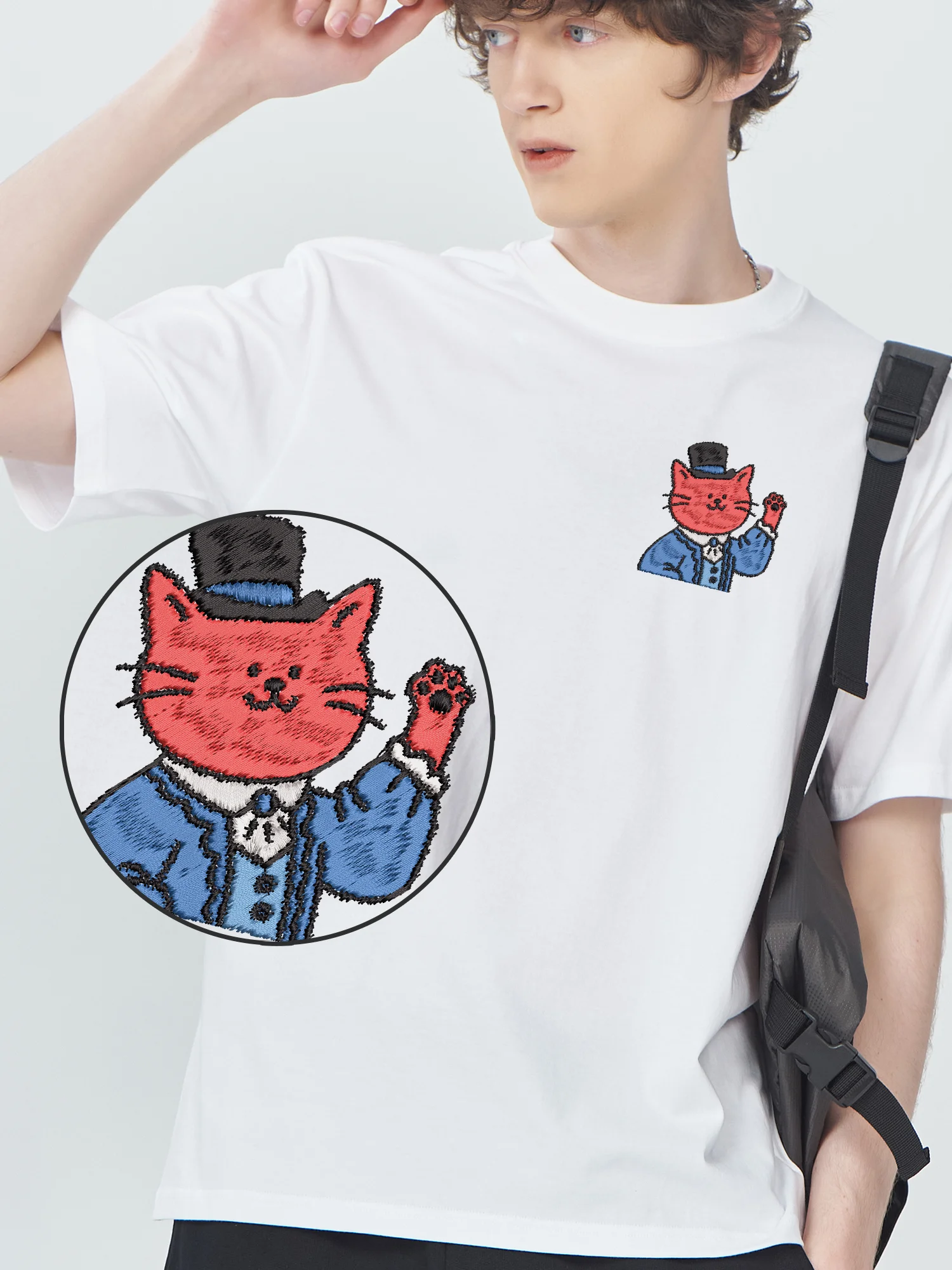 Mens Embroidered T Shirts Wearing Formal Cat High Quality Cotton T-Shirt Unisex Fashionable Streetwear Design Embroidery Tees​