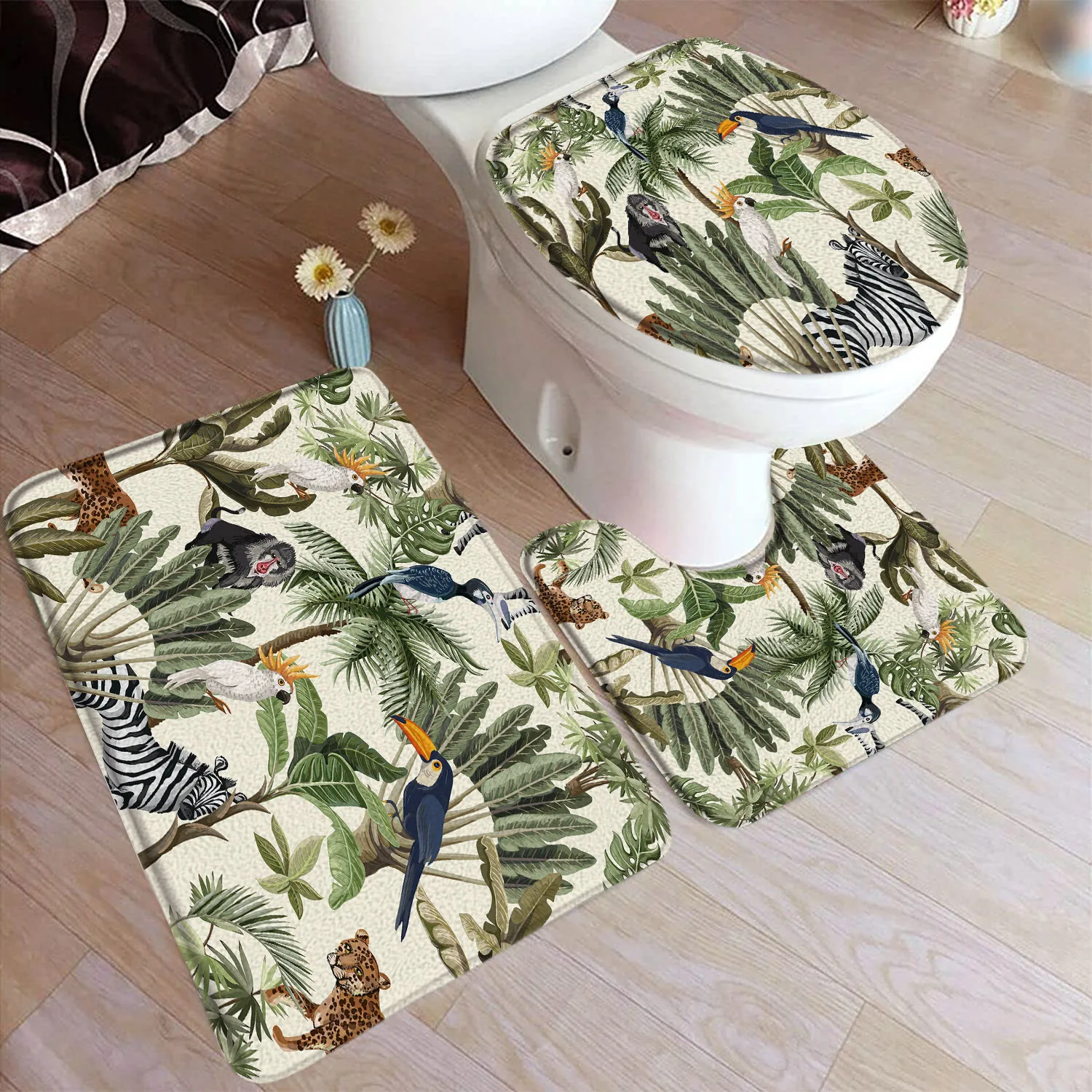 

Набор ковриков для ванной с тропическими животными и растениями: дикие зебры, леопарды, обезьяны, птицы, пальмовые листья, монстера. Декор для ванной комнаты, коврик-подставка для унитаза.