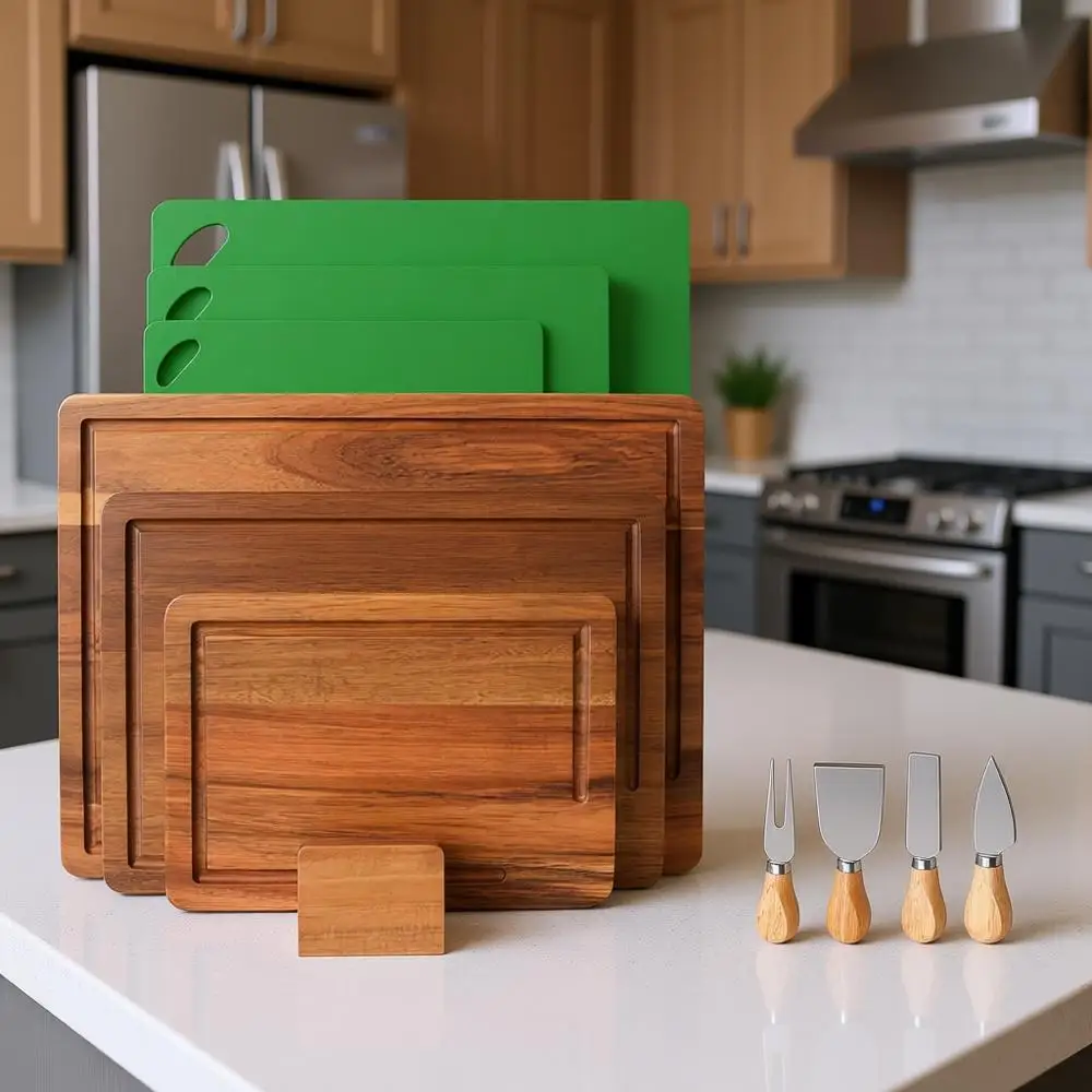 

Набор из 11 разделочных досок из акации с подставкой, большие доски с глубокими желобками для сока, идеально подходят для Хэллоуина и закусок