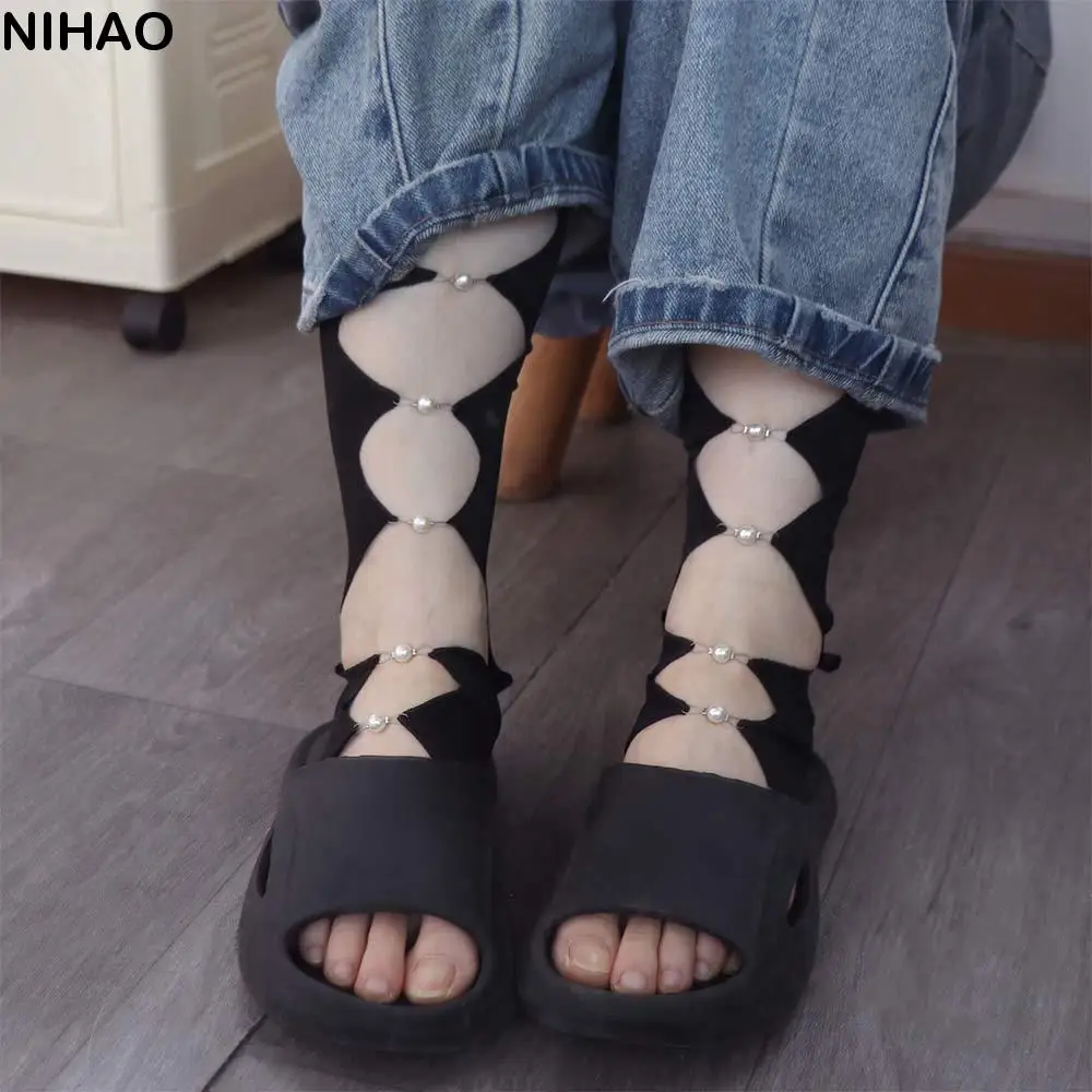 

Fashion Cool Black Punk Arm Sleeves Springy Y2K Pearl Half Finger Arm Cover Leg Socks Thin Hollowed Calf Sleeve Girls