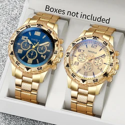 2Pcs/Set Fashion Men's Watch Hip Hop Fake Three Eyes Round Case Steel Belt Quartz Watch Set (Box Not Included)