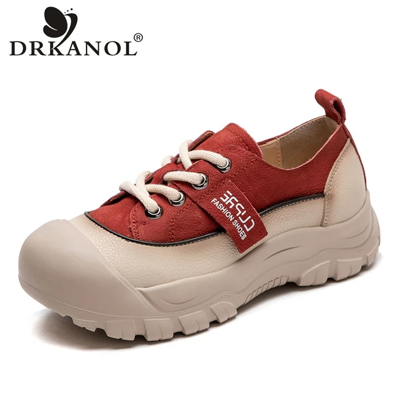 DRKANOL 2024 Women Flat Platform Shoes Mixed Colors Genuine Leather Thick Bottom Lace-Up Comfort Lightweight Casual Sneakers