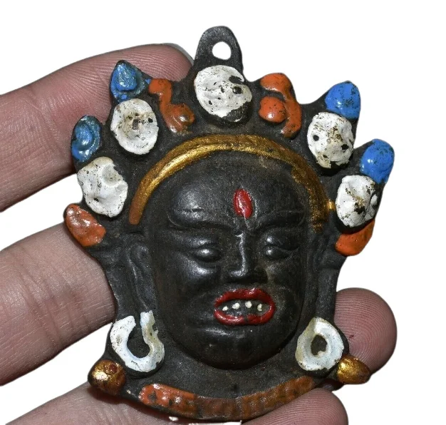 6CM Old Tibet Bronze Painting Mahakala Wrathful Deity Buddha Head Amulet Pendant