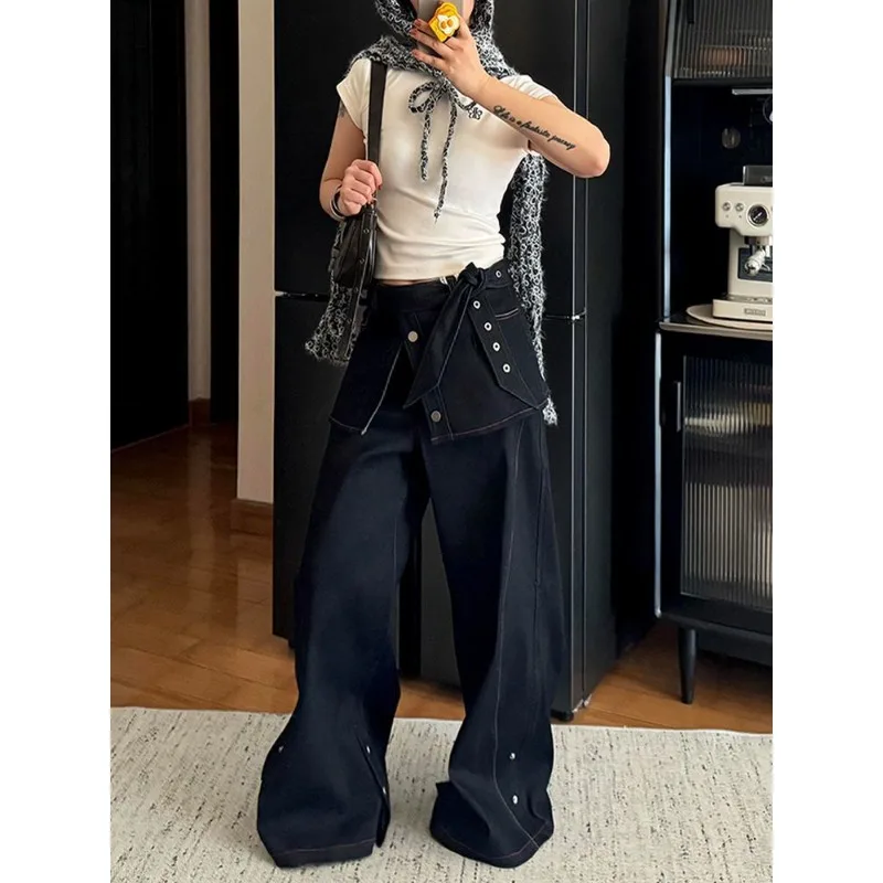 

Женские джинсы больших размеров в американском стиле ретро, новинка весны 2025 года, брюки длиной до пола с двумя широкими штанинами, женская одежда