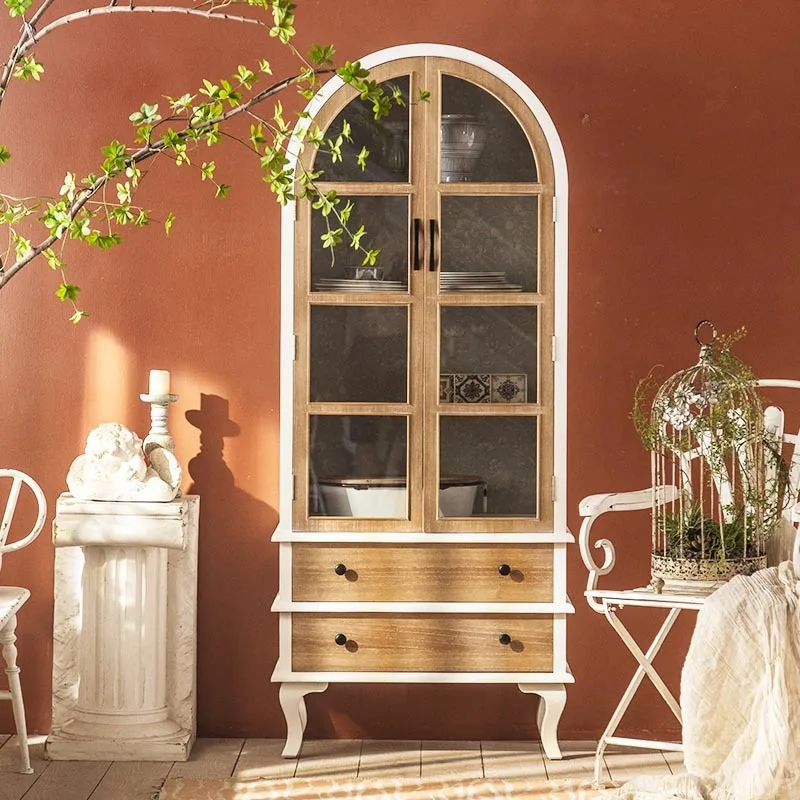 New French American solid wood bookcase, floor-to-ceiling household arched glass door storage cabinet, living room wine