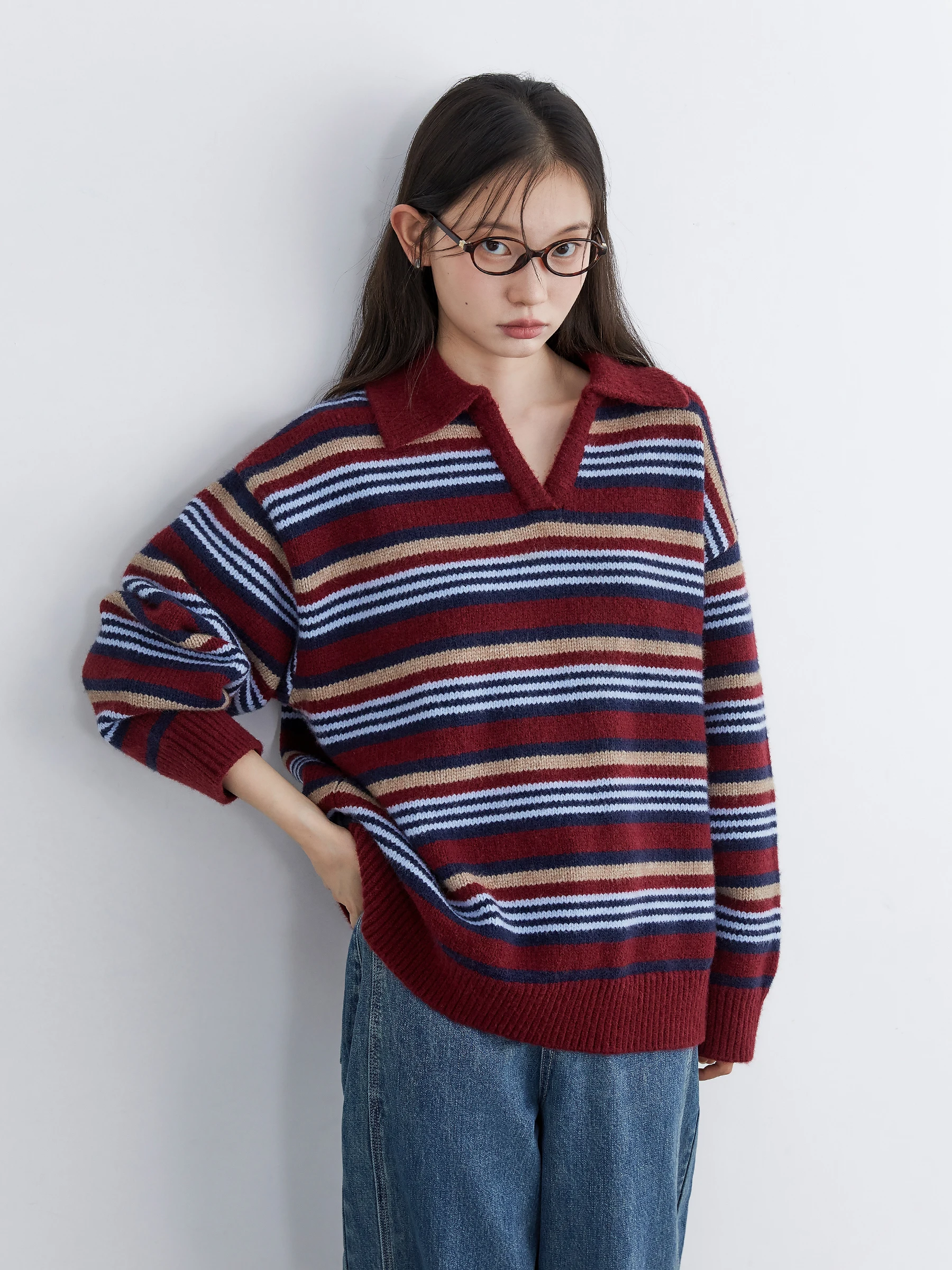 CHIC VEN-suéter holgado informal para mujer, Jersey Retro a rayas con contraste y cuello tipo Polo, jerséis de punto cálidos para mujer, jersey para Otoño e Invierno 2025