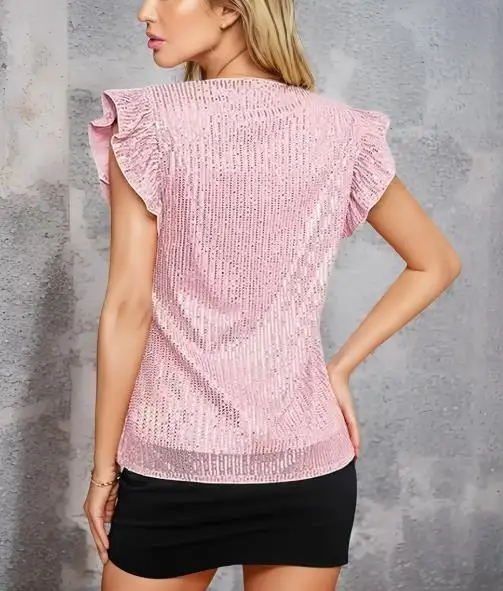 Été 2025 mode col en v manches à volants décoration de paillettes T-Shirt à manches courtes femmes personnalisé luxe coupe ajustée T-Shirt