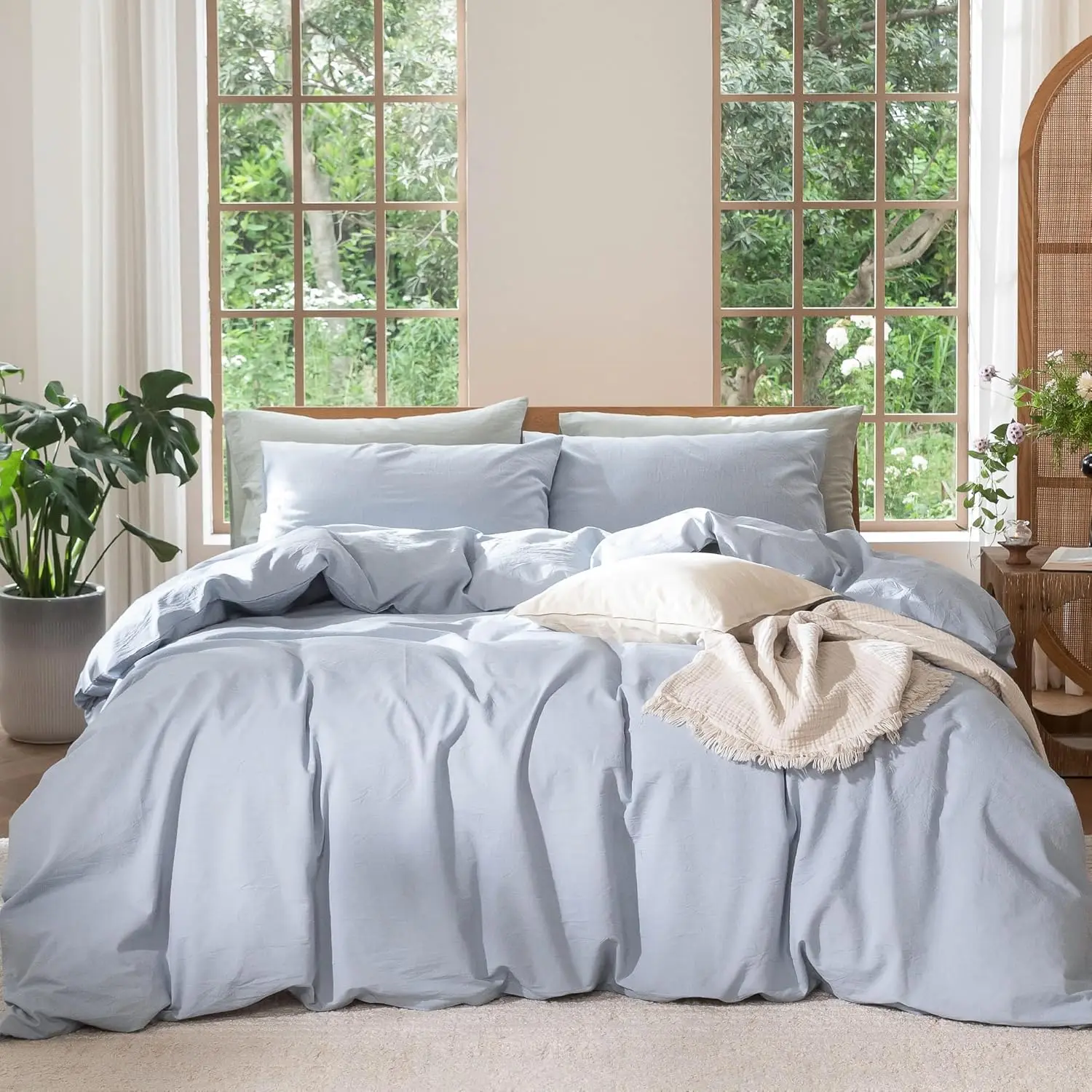 

Duvet Cover Set 100% Washed Cotton King Size Breathable Soft Comfy Linen Like Textured Heathered Cornflower Blue 104x90
