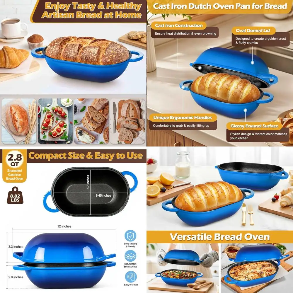 

Blue Heavy-Duty 2.8-Quart Oval Enamel Cast Iron Dutch Oven for Sourdough Bread Baking with Lid