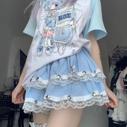 Women's 2024 Summer Lolita Spliced Elasticized High-waisted Lace Rivet Folds Fashion Solid Color Minimalist Casual Cake Skirts