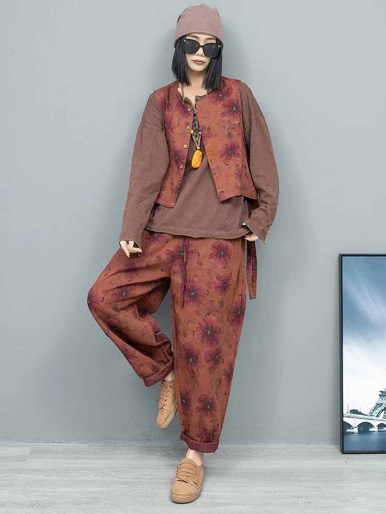 Artistic Vintage Flower Pattern Short Cardigan Vest + Harem Pants Two-piece Set Women 2024 Autumn Loose Fashion Pant Set ZF186