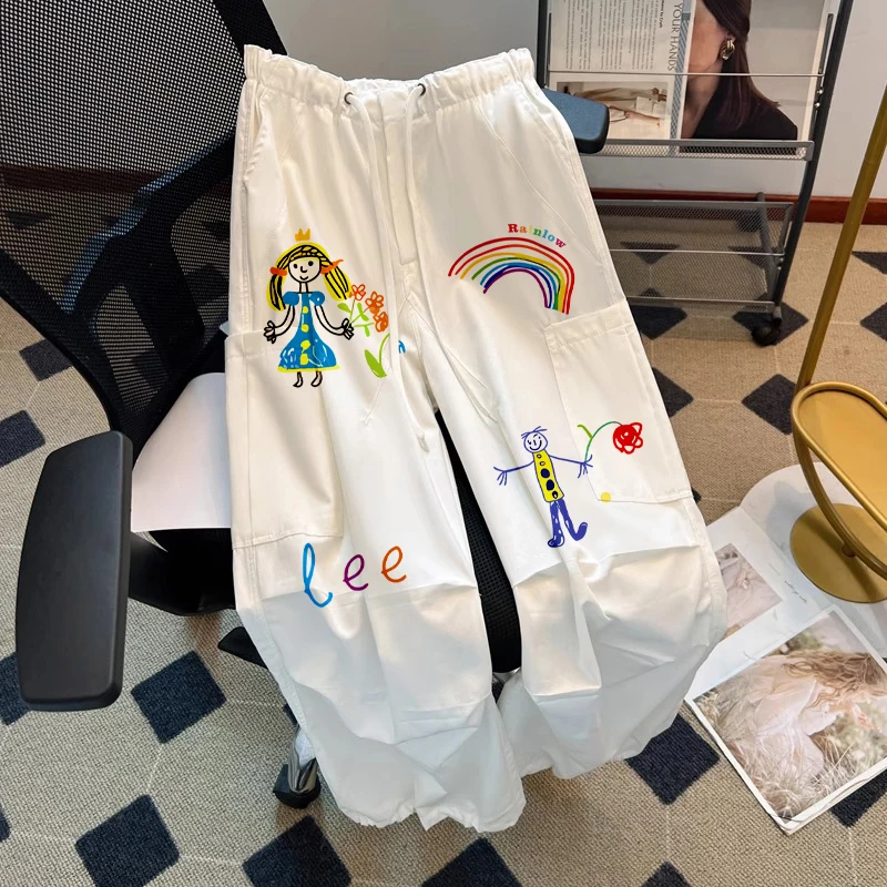 Pantaloni da lavoro Dstring a vita alta casual retrò americani Pantaloni larghi a gamba larga Uomo Donna Pantaloni casual con senso del design estivo