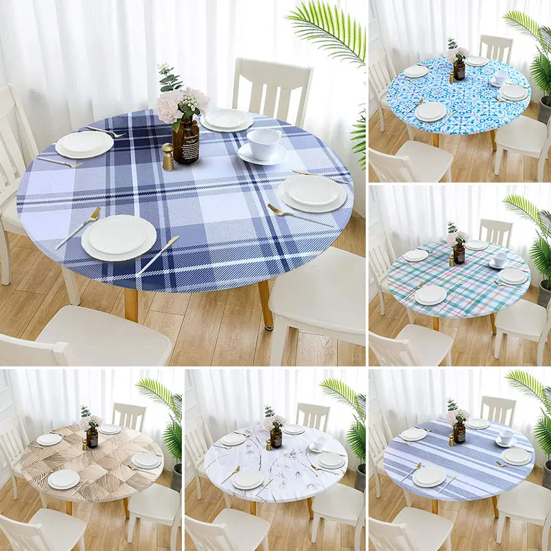 1pcs Elastic Edged Vinyl Fitted Tablecloth Round Flannel Backed Table Cover Oil & Waterproof Wipeable Table Cloth Dining Table
