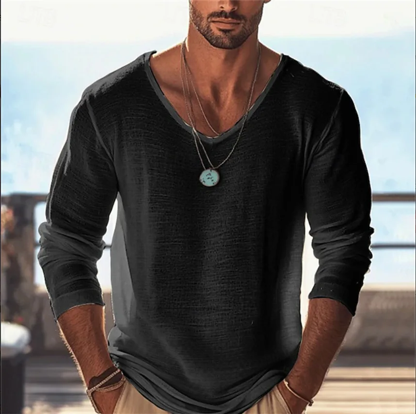 Herren-T-Shirt mit dünnem, tiefem V-Ausschnitt und langen Ärmeln, einfarbig, schmale Passform, lässiges Basic-Oberteil – Detail 5