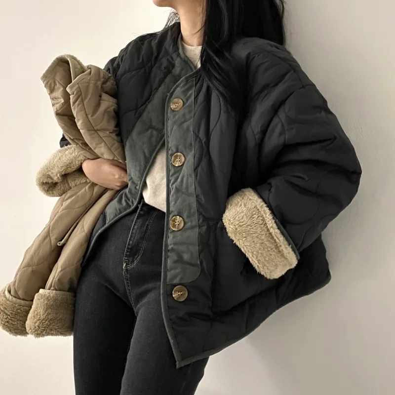 Double-sided Winter All-match Tops Diamond Single-breasted Loose Lamb Wool Cotton-padded Coats 2024 Winter Korean Chic Jackets