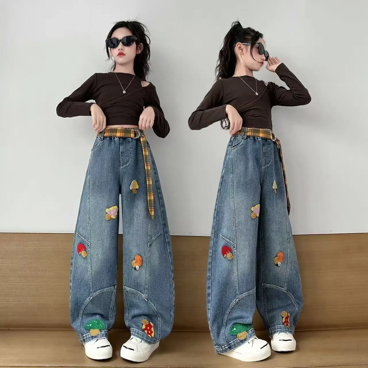 Spring Autumn Girls Jeans Floral Towel Embroidery Fashion Banana Pants for Big Kids for 4 6 8 10 12 13 15Y