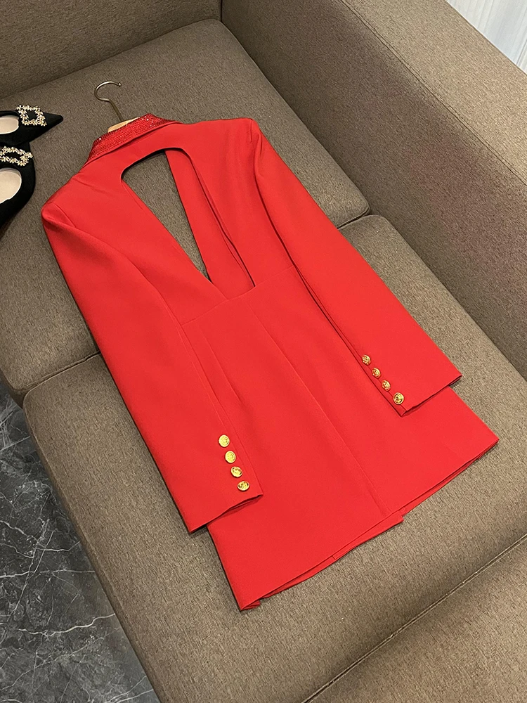 TWOTWINSTYLE Solid Hollow Out Blazer For Women Shawl Collar Long Sleeve Tunic Spliced Button Temperament Blazer Female KJA501707