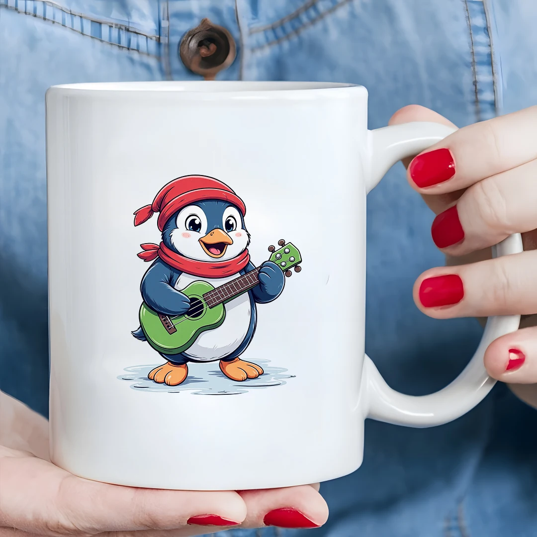 

11oz Cartoon Penguin Guitar Mug Kids Hot Drink Cup Christmas Gift Family Office Cup