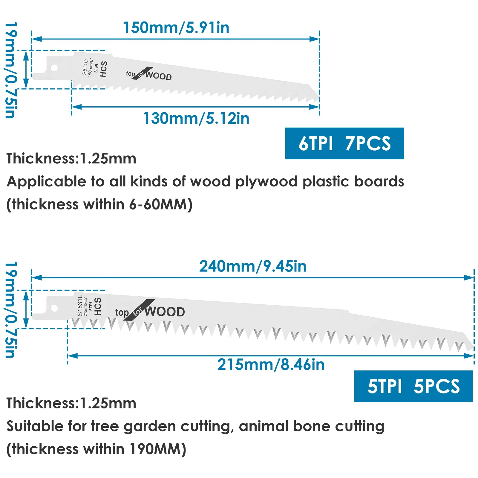 12Pc Reciprocating Saw Blade 6/5TPI HCS Pruning Saw Blade Sharp Fast Cutting Saw Blade Woodworking Tool for Cutting Wood Plastic