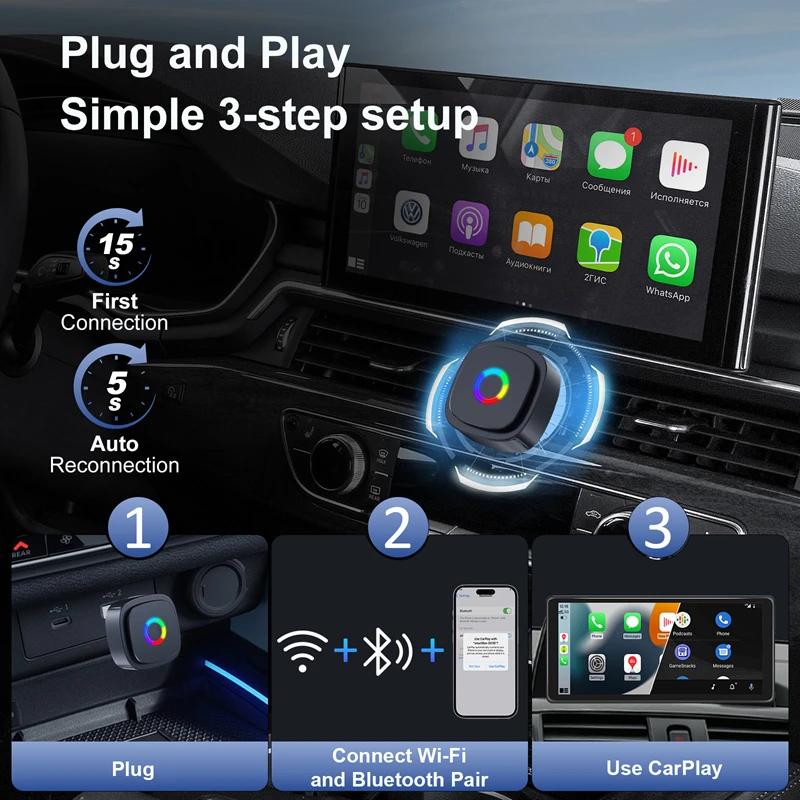 Беспроводной адаптер Xiaomi CarPlay Android Auto 2026, 2-в-1 Plug & Play для iOS iPhone Android, подходит для Toyota Honda BMW VW