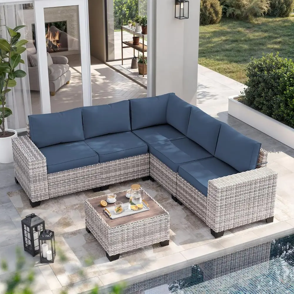 

6-Piece Outdoor Patio Wicker Sectional Sofa Set with Cushions, Navy Blue