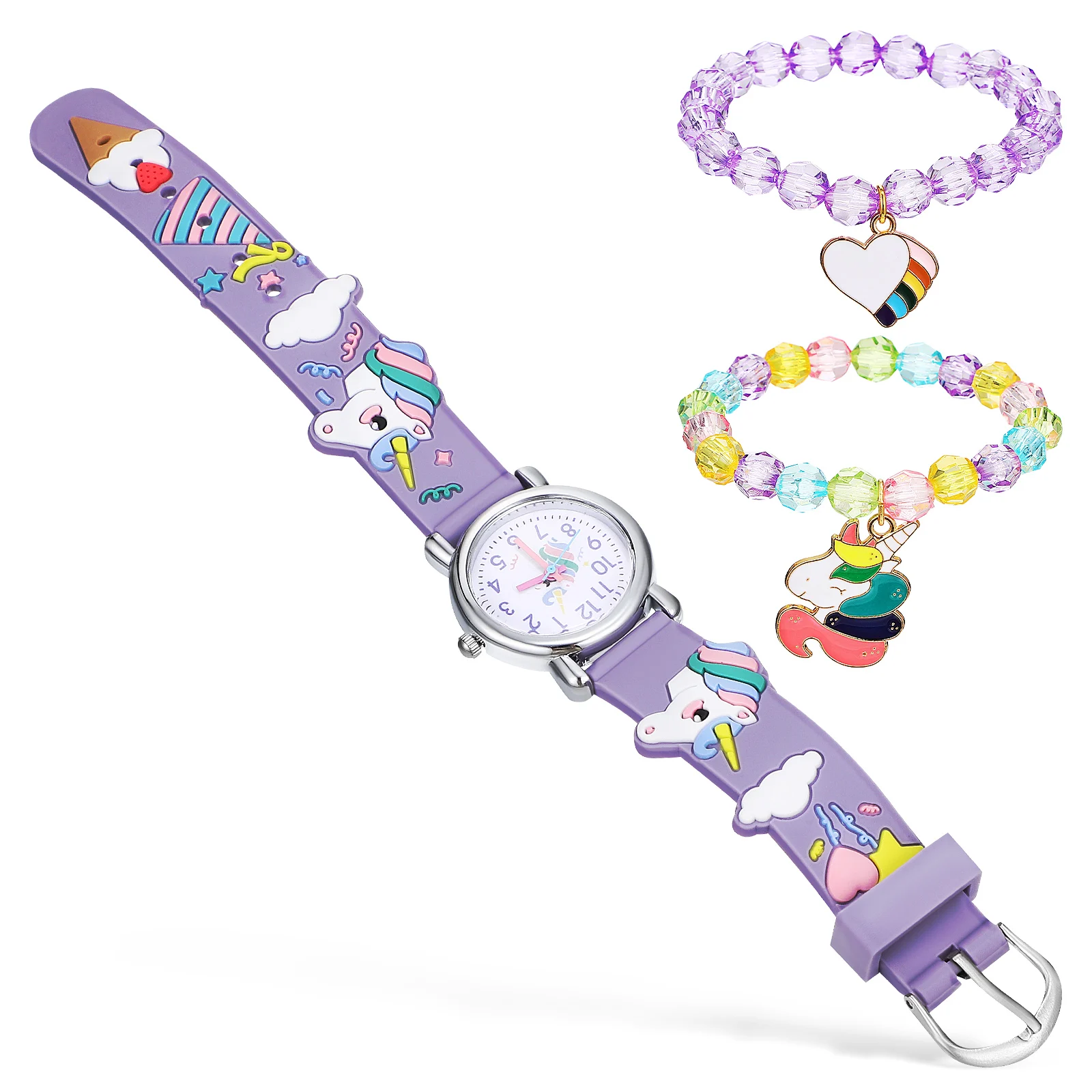 

Unicorn Watch Set Kids Watches Shiny Purple Mirror Glass Adjustable Strap Cartoon Bracelets Children Wristwatch Gifts