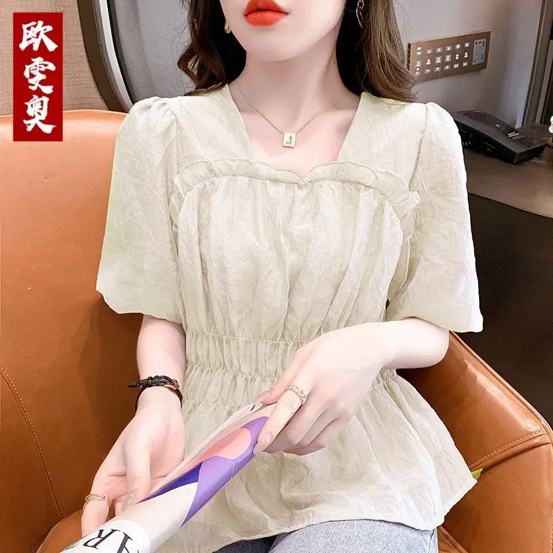 

2024 Summer Square Collar Bubble Short Sleeve Women's Shirt Female Waist Slimming Textured Pleated Chiffon Blouse Top