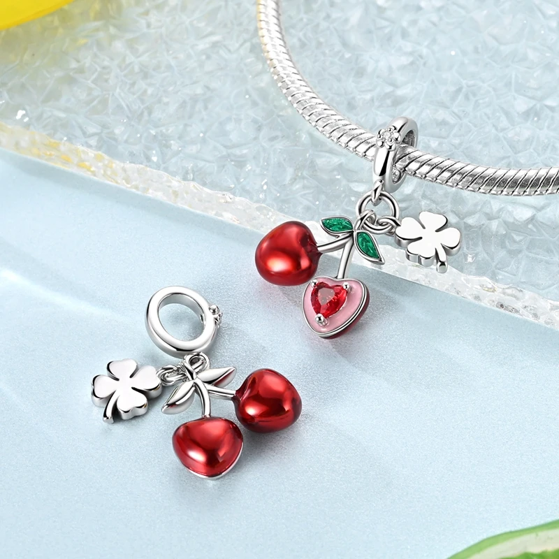 

925 Sterling Silver Red Cherry Clover Charms Bead CZ Zircon Fruit Dangle Fit Original Bracelet DIY Women Jewelry Gift