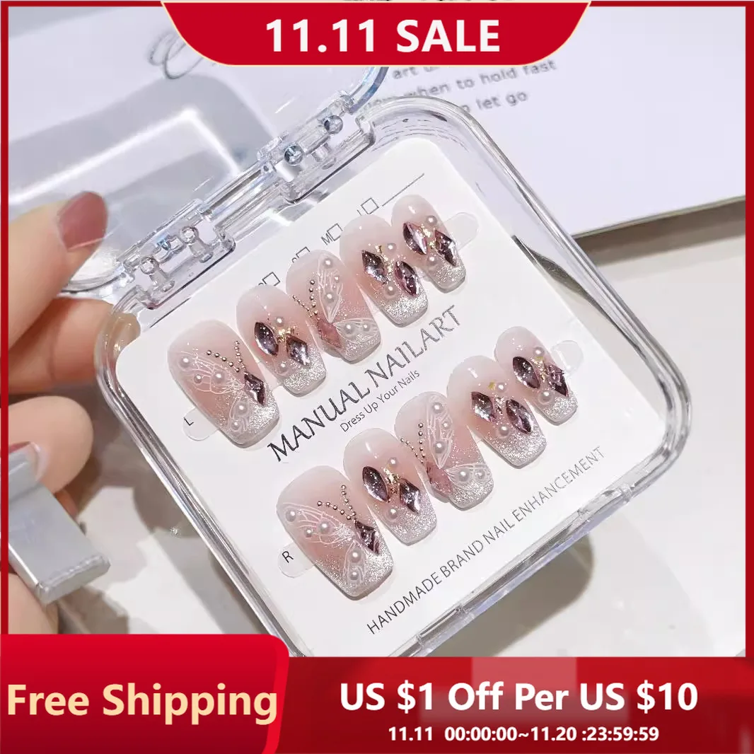 

10 шт., блестящие телесные ногти ручной работы с блестящими стразами и бантом, накладные ногти для женщин и девочек, съемные носимые ногти