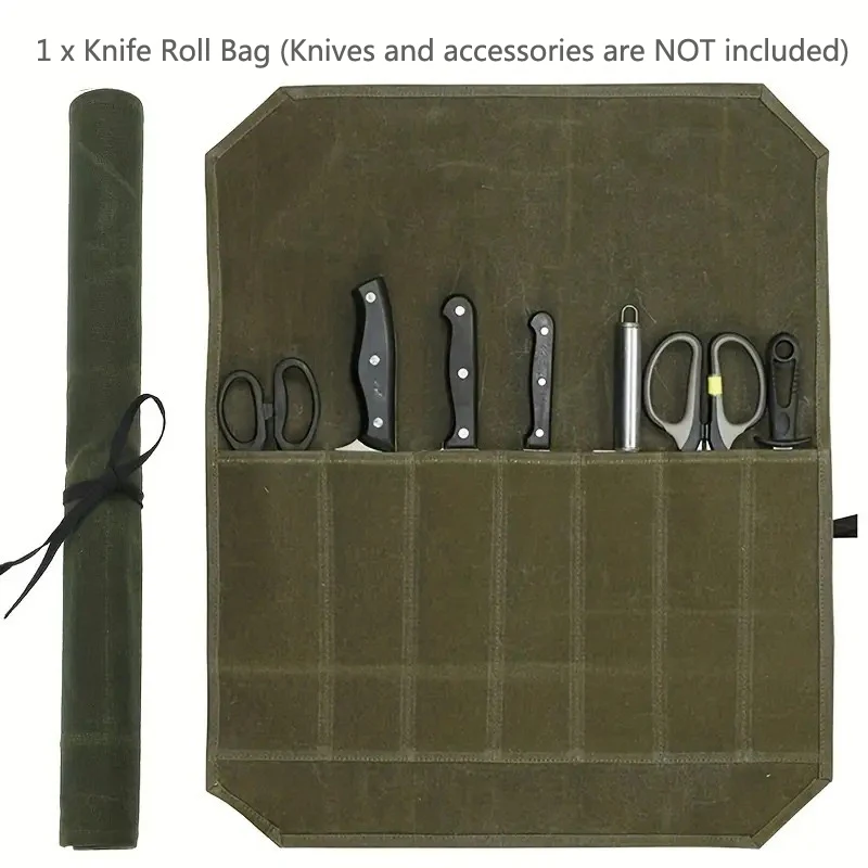 Waxed Canvas Knife Roll Durable Chef Knife Carrier Bag with Secure Tie Strap Water Resistant Knives Holder for Outdoor Camping