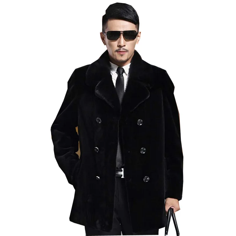 Winter Faux Fur Coat Men Thick Warm Windbreaker Long Sleeve Double-breasted Suit Collar Fur Coat Plus Size Slim Fit Jacket